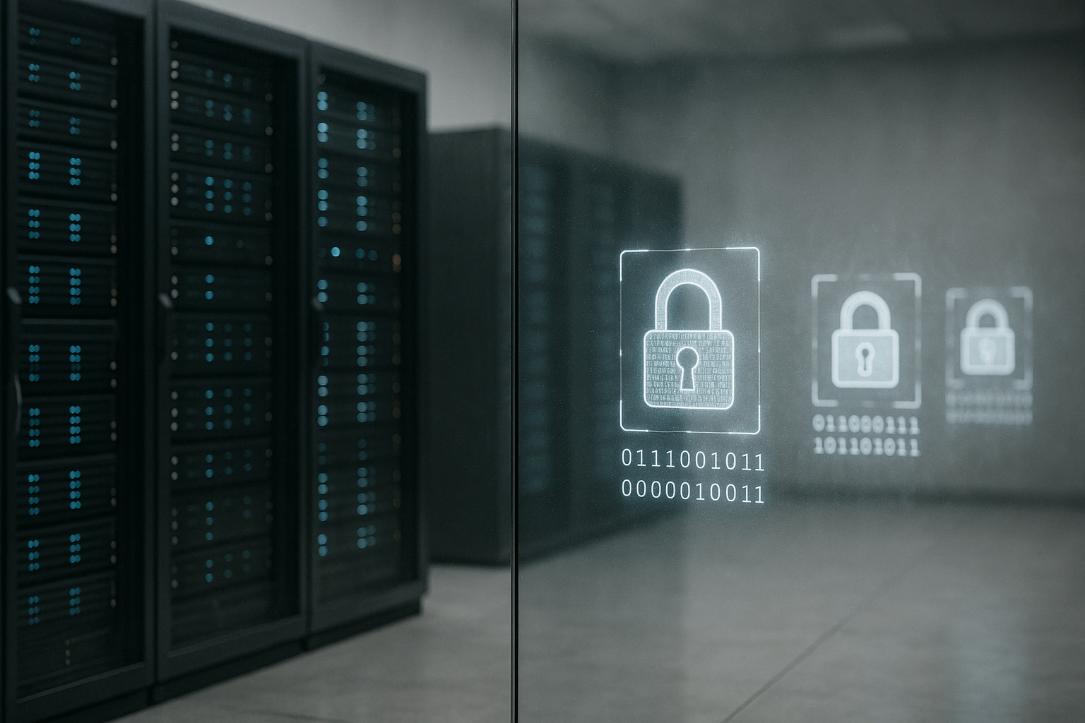 Serverraum mit Monitoren, Hologramme von Vorhängeschlössern mit Binärcode und Sicherheitssymbolen auf Glasscheibe projiziert
