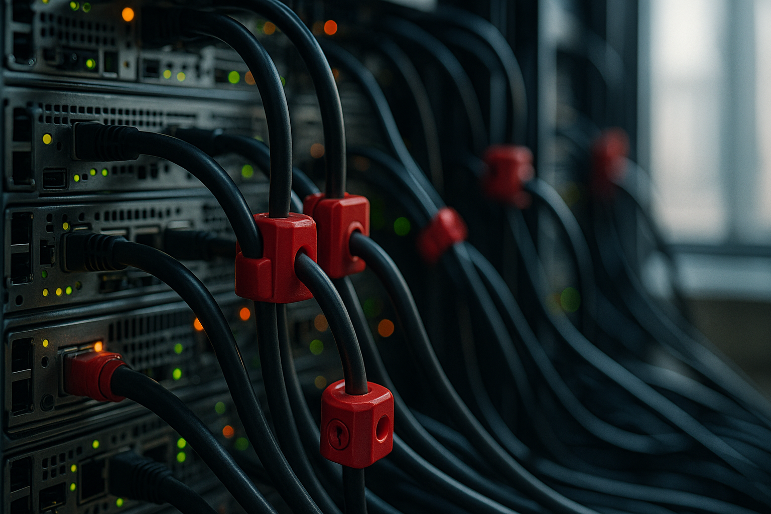 Serverraum mit schwarzen Netzwerkkabeln und roten Steckverbindern, dahinter blinkende Kontrollleuchten in Grün, Gelb und Orange