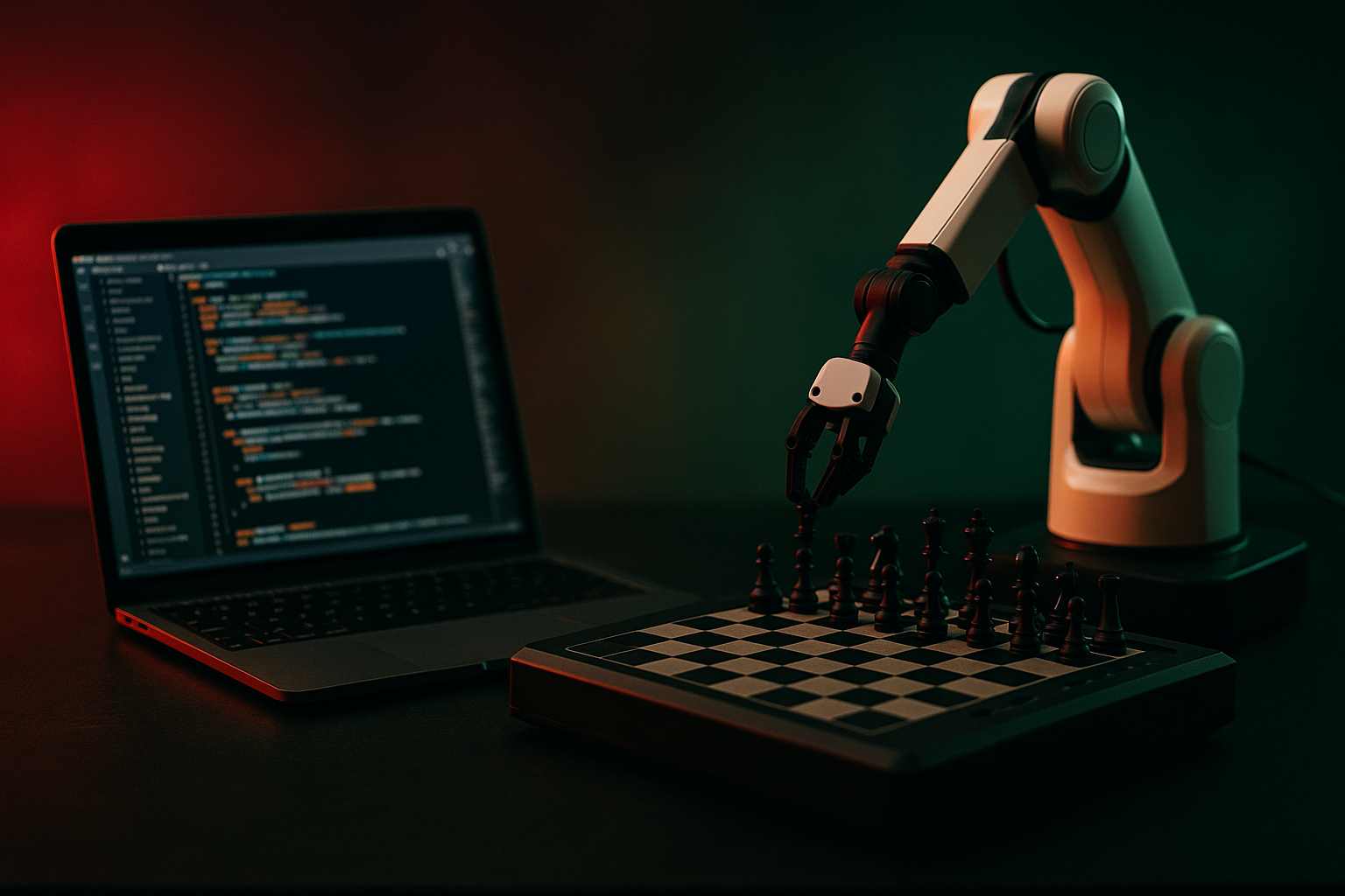 Laptop mit Code-Editor neben orangefarbenem Roboterarm über Schachbrett mit Figuren vor rot-grünem Hintergrund
