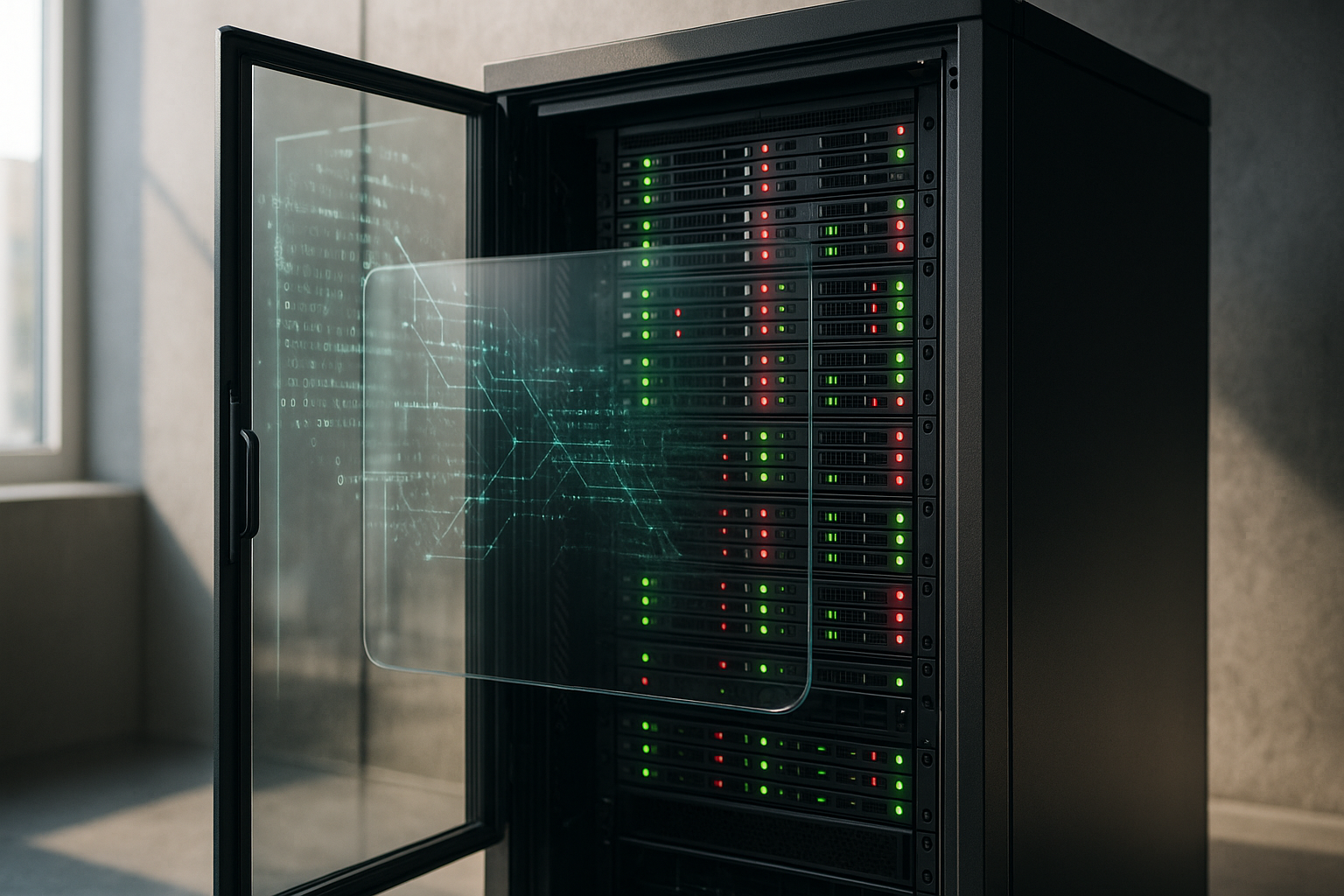 Offener Server-Schrank mit mehreren schwarz gefärbten Servern, grüne und rote LED-Leuchten deuten Status der Systeme an, digitales Netzwerk-Overlay auf Glasscheibe