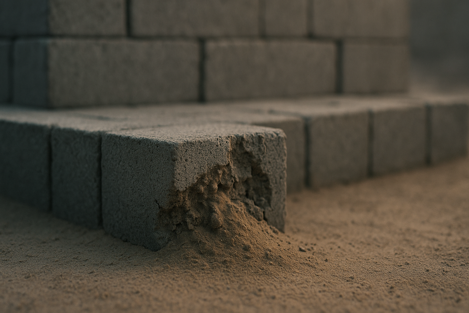 Betonquader auf sandigem Untergrund in Reihen angeordnet, Nahaufnahme eines Blocks im Vordergrund mit Erosionsspuren