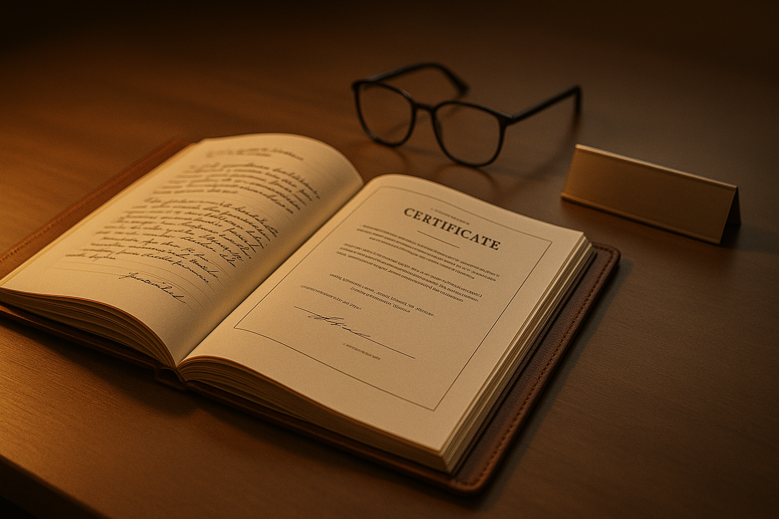 Aufgeschlagenes Buch mit Zertifikat, daneben Lesebrille und Notizblock auf Holztisch