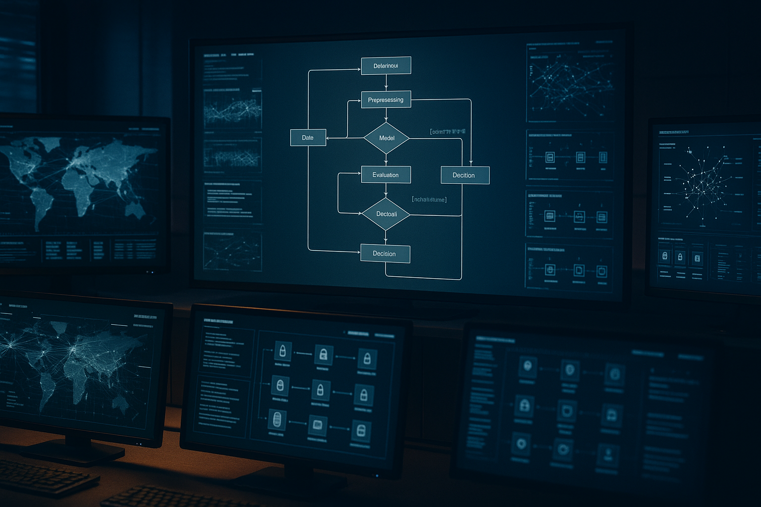 Digitalzentrale mit mehreren Monitoren zeigt ein Workflow-Diagramm mit Datenprozessen, Modellierung, Evaluierung und Entscheidungsfindung in vernetzter Darstellung