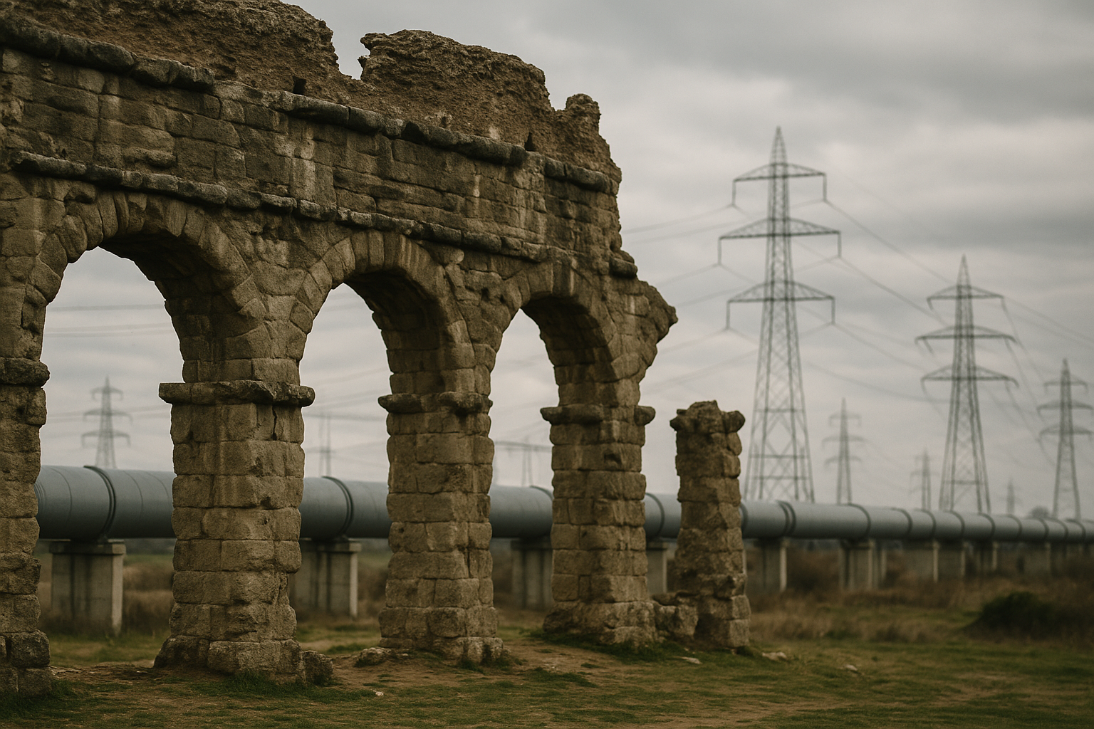 Antike Steinbogenbrücke mit Aquädukt-Arkadengang im Vordergrund, dahinter moderne Hochspannungsleitungen und Strommasten in nebliger Landschaft