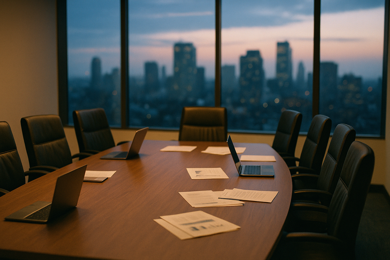 Leerer Konferenztisch aus dunklem Holz mit schwarzen Stühlen, Laptops und Dokumenten, dahinter Fenster mit Skyline einer Großstadt bei Dämmerung